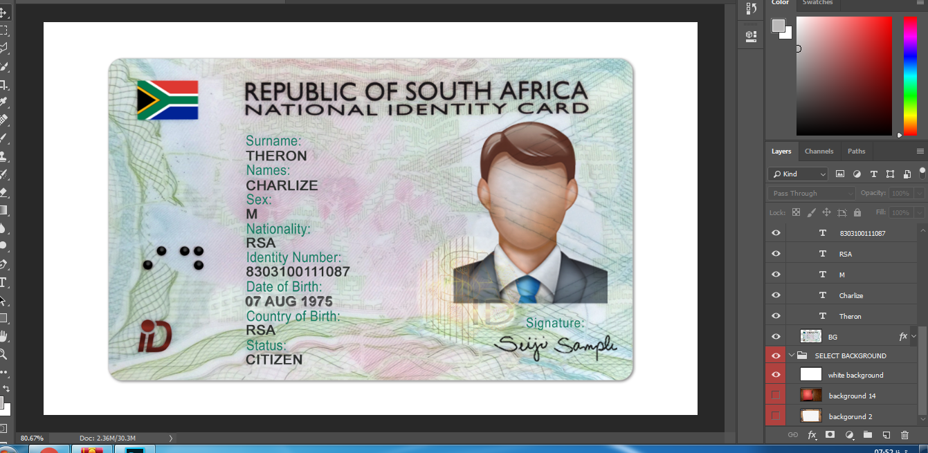 دانلود فایل لایه باز آیدی کارت آفریقای جنوبی