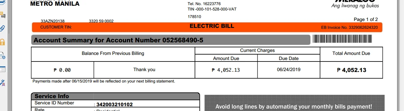 دانلود قبض قابل ویرایش برق فیلیپین