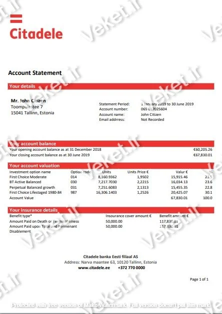 دانلود صورت حساب بانک Citadele استونی