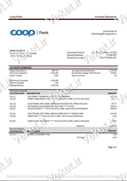 دانلود صورت حساب بانک Coop Pank استونی